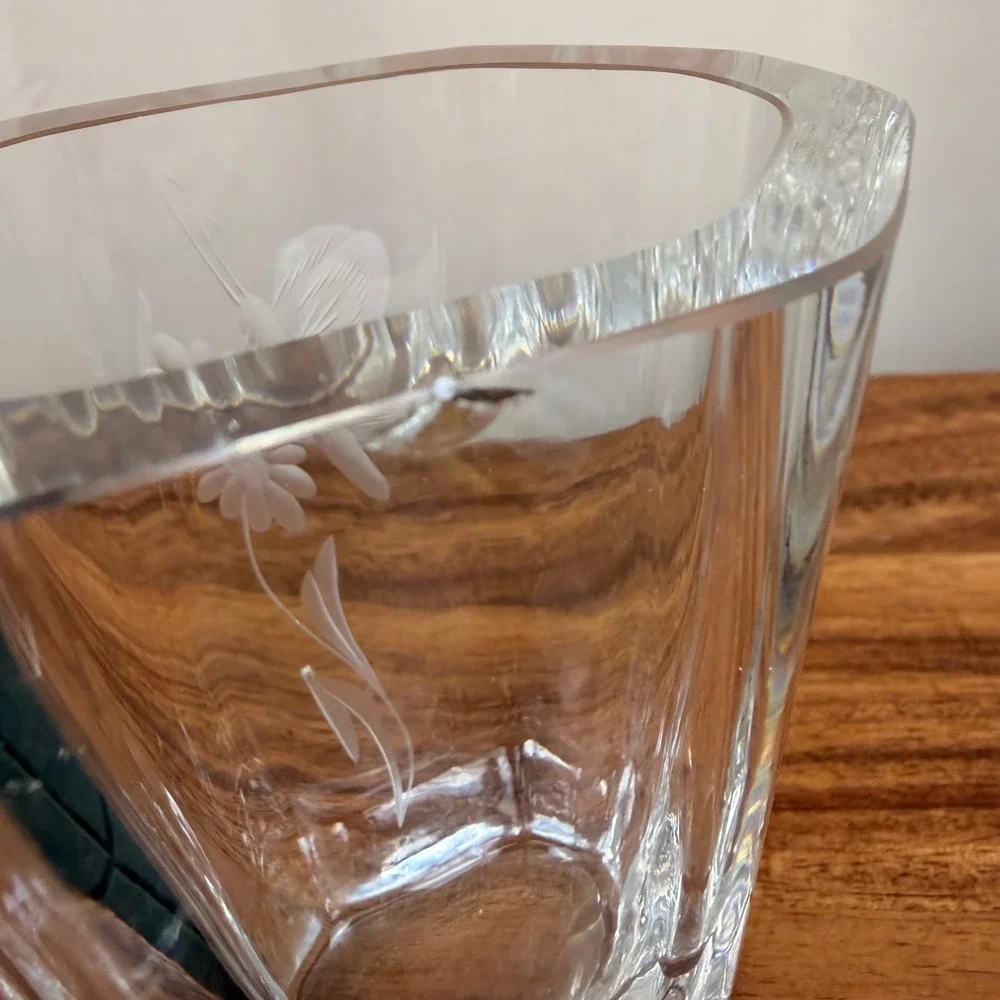 Etched Crystal Butterfly Flower Vase Clear Glass Small Hexagonal 4.5 Inch